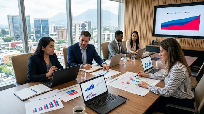Reunión de equipo en oficina con vistas a la ciudad: cinco personas analizan gráficos en laptops y papeles, ambiente profesional.