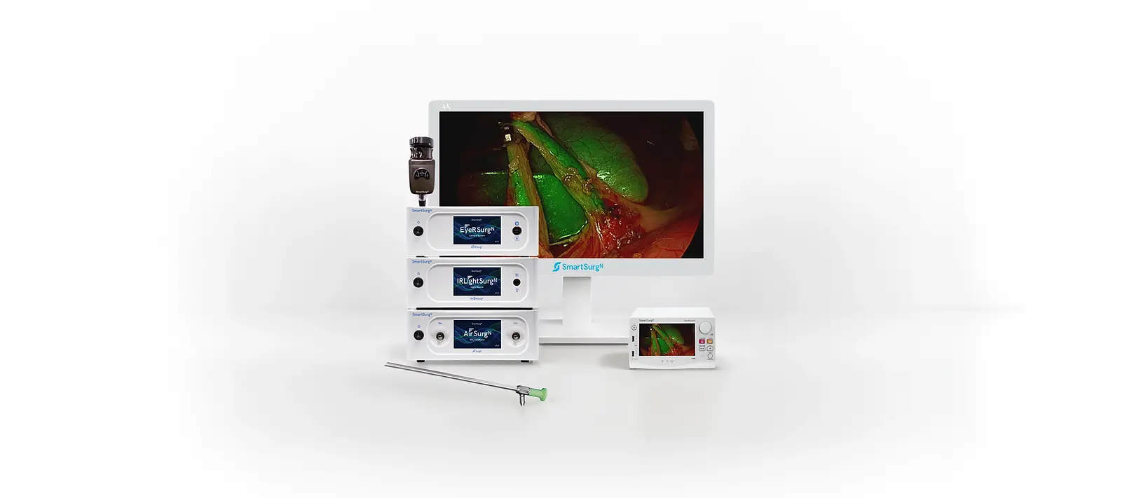 SmartSurgN 4K ICG visualization system with camera head, console, light source, insufflator, monitor, recorder, and ICG laparoscope