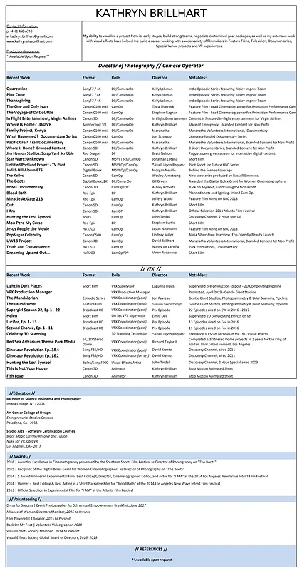 Kathryn Brillhart Cinematographer Director Visual Effects