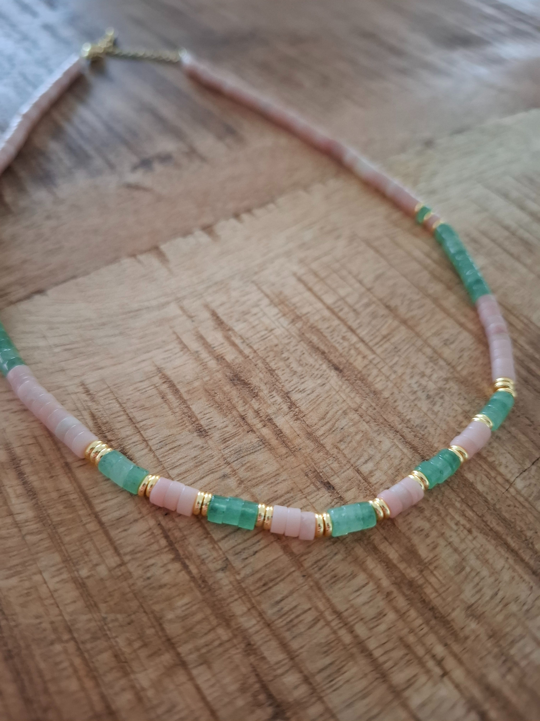 Andenopal Pink/Rosa & Aventurin Grün Edelstein Halskette - Unikat - Schmuck