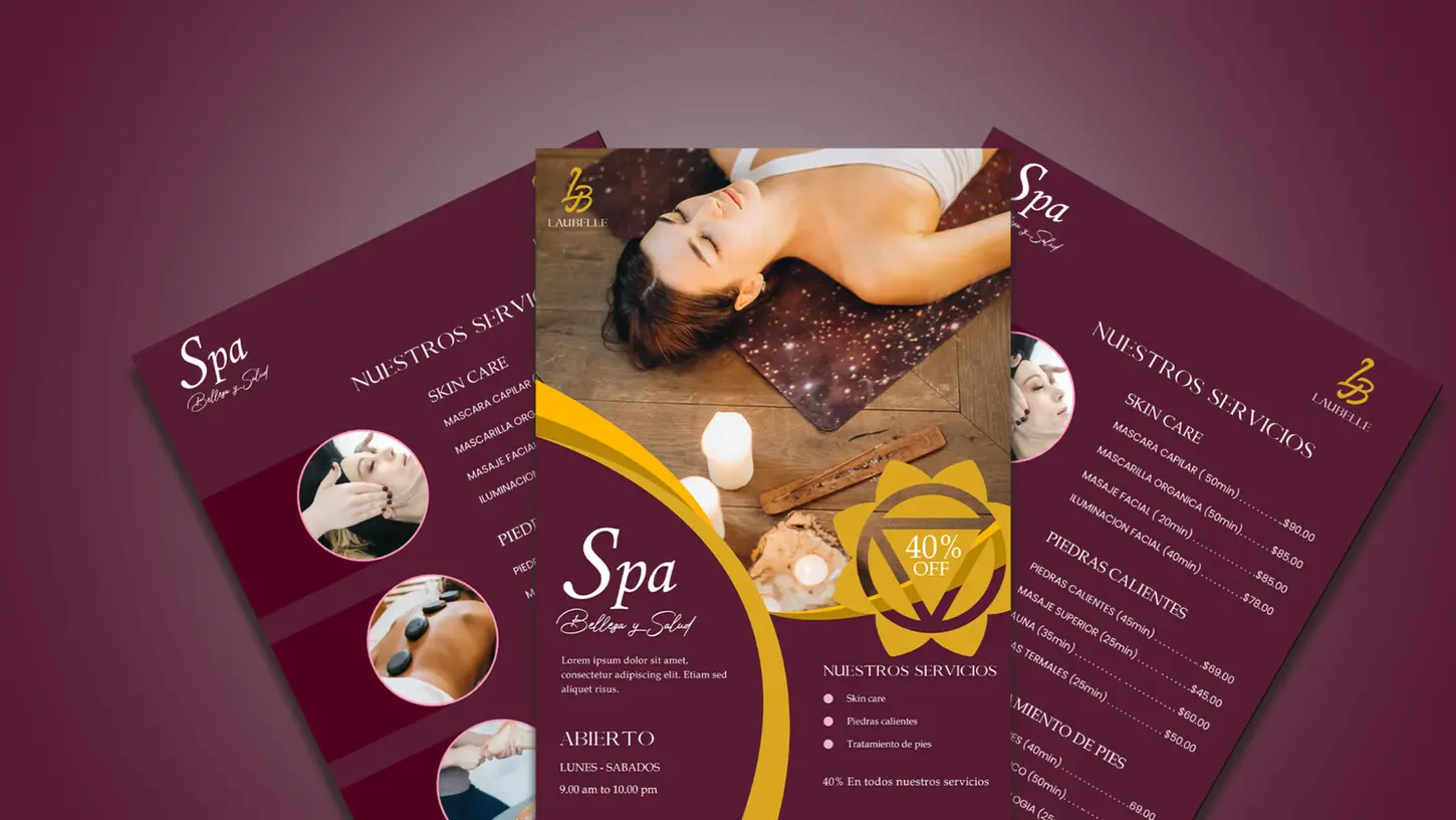 Folletos impresos con la identidad visual aplicada, comunicando servicios de belleza y spa de forma clara y estética.