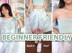 Three-section image showing a person smiling and giving two peace signs while wearing a handmade shirt from an easy sewing project on the left, the finished shorts in the middle, and a straight cross-style top on the right