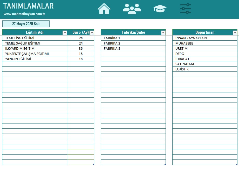 Excel Eğitim Takibi - Tanımlar