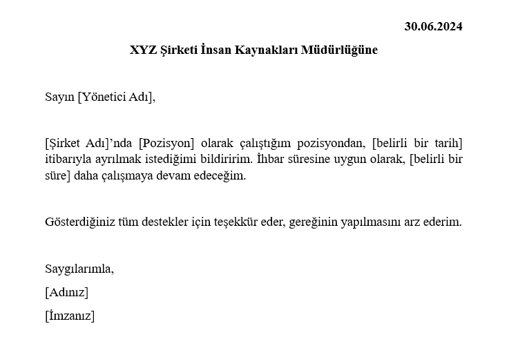 Standart İstifa Dilekçesi Örneği