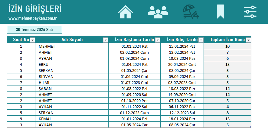 Ücretsiz Excel Yıllık İzin Takip Programı