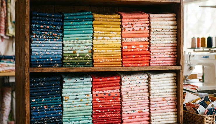 Eye-level view of a fabric stash shelf arranged by color with modern cotton prints and metallic accents