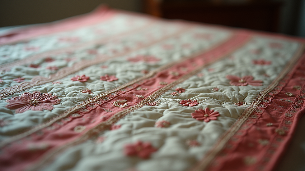Close-up view of a beautifully crafted quilt with intricate patterns