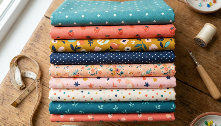 Overhead view of folded modern quilting fabrics in bold colors and small playful prints