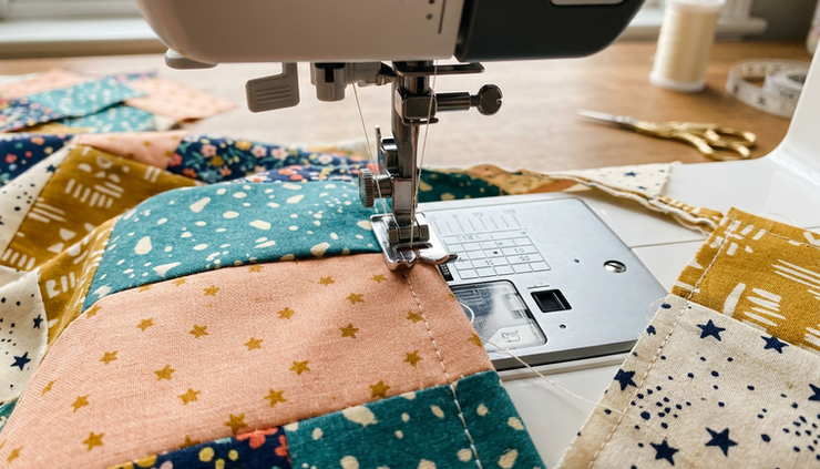Close-up of a sewing machine stitching colorful patchwork made from modern printed cottons