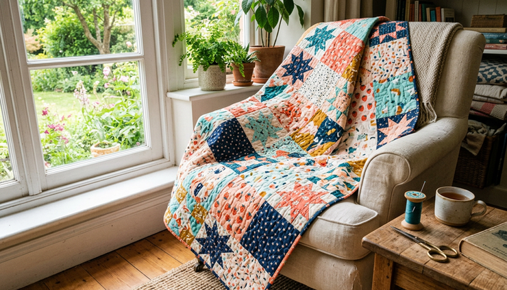 Wide-angle view of a handmade quilt and sewing tools on a cozy chair near a sunny window