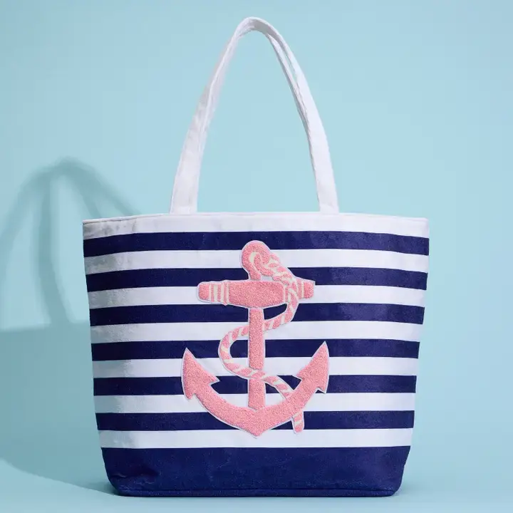 Navy Striped Anchor Tote
