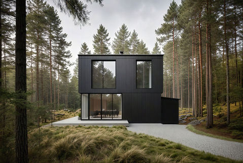 Modern black house in pine forest