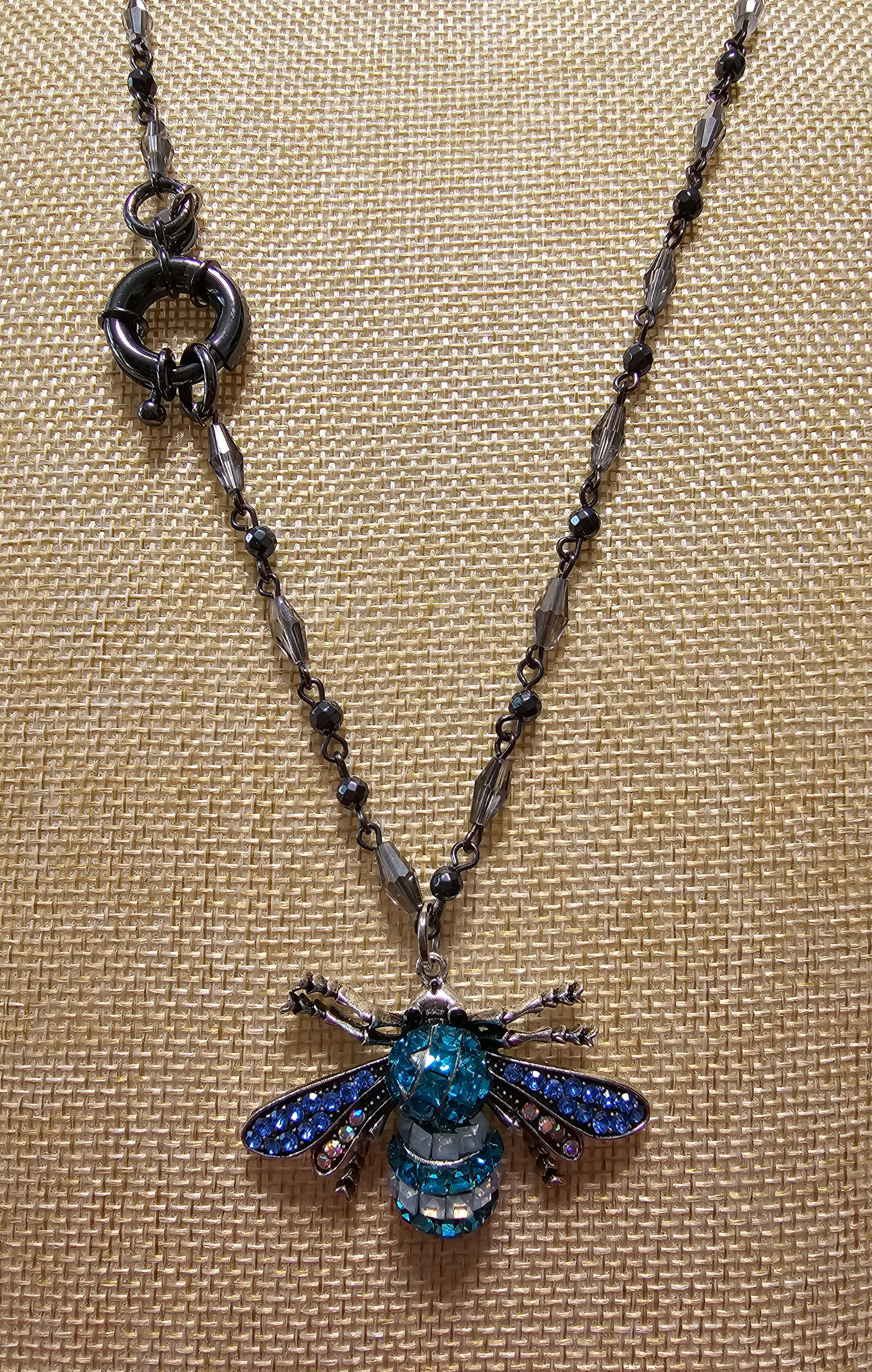 Multi Colar Rosary Bead Necklace W/ Blue Crystal Bee Pendant