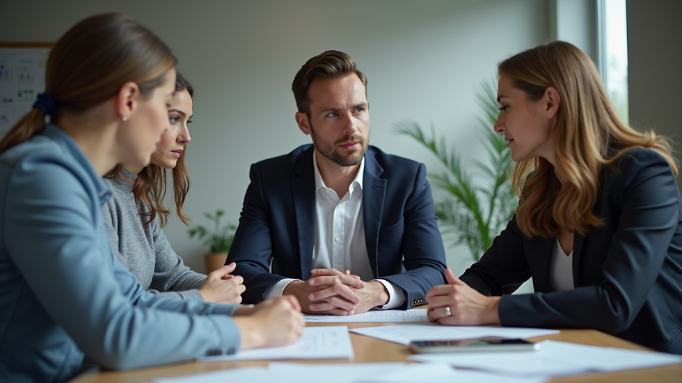 Eye-level view of a business team discussing marketing strategy around a table