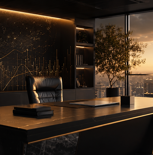 Executive workspace with AI-powered data visualization representing Emellex strategy, influence and business growth services.