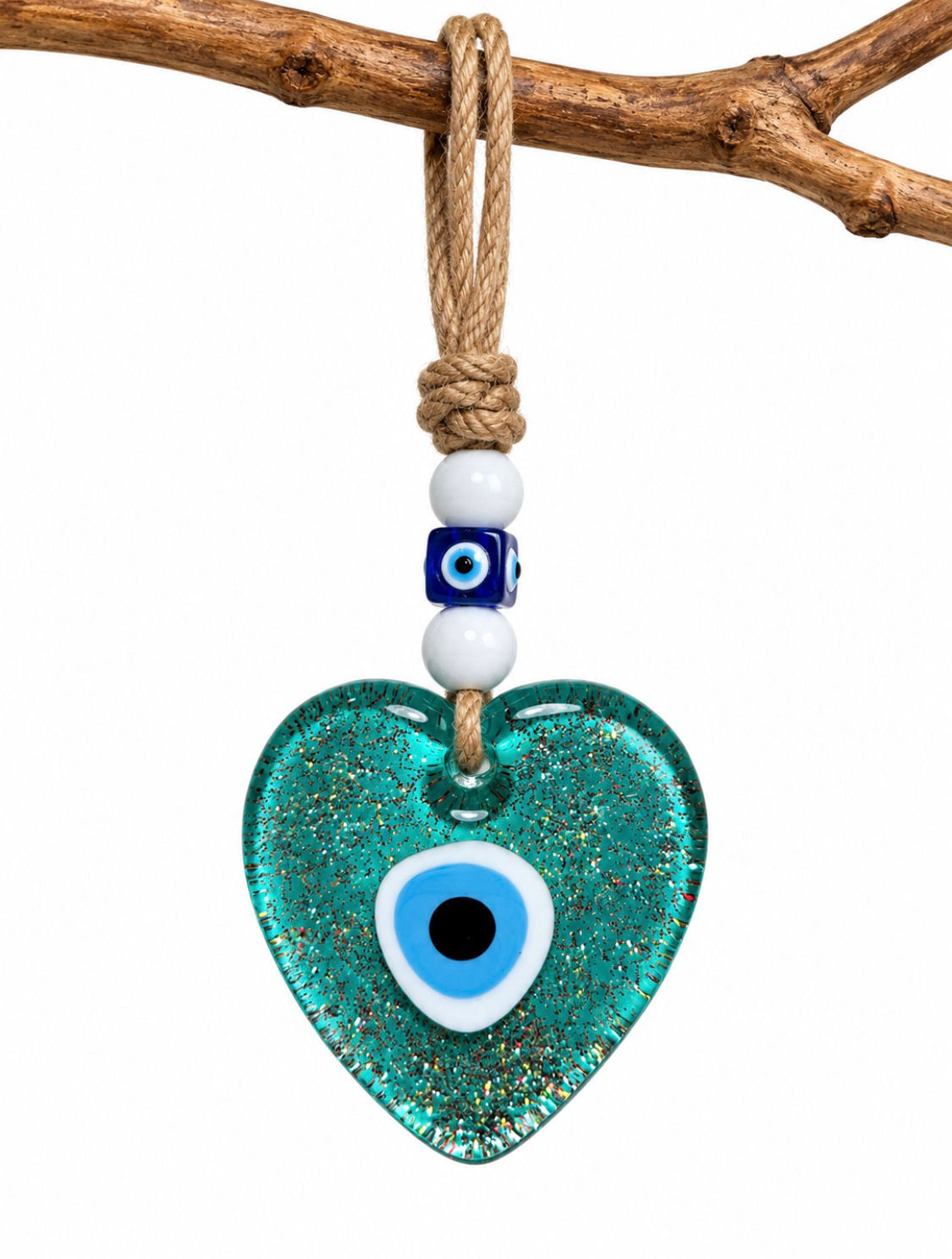 14589-2 Clear Glass Evil Eye Heart Ornament with Glitter