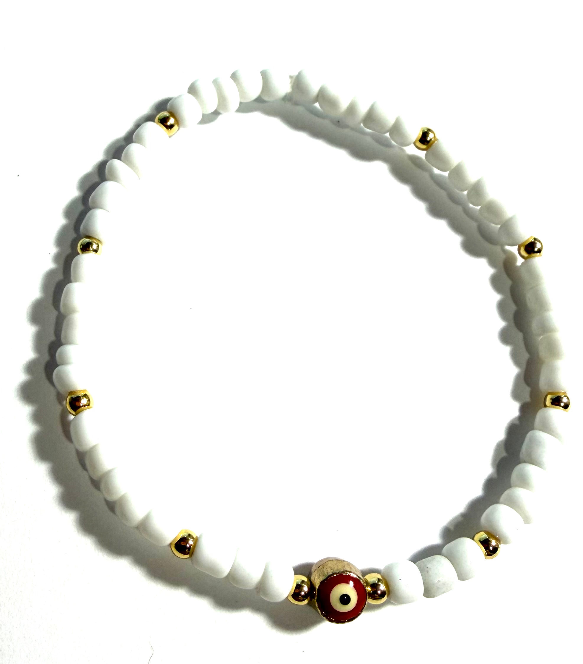 BR-10382 Evil Eye Good Luck Charm White Seed Beaded Bracelets w Gold Sta