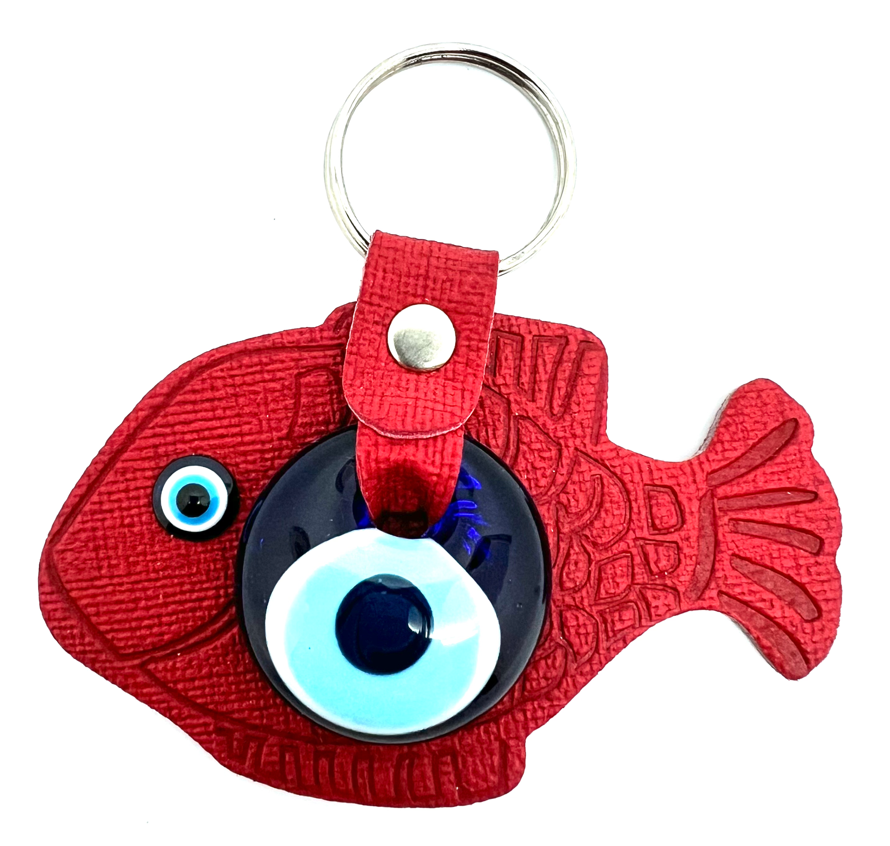 KEY-14111-1 Genuine Leather and Glass Bead Evil Eye "Fish" Key Ring