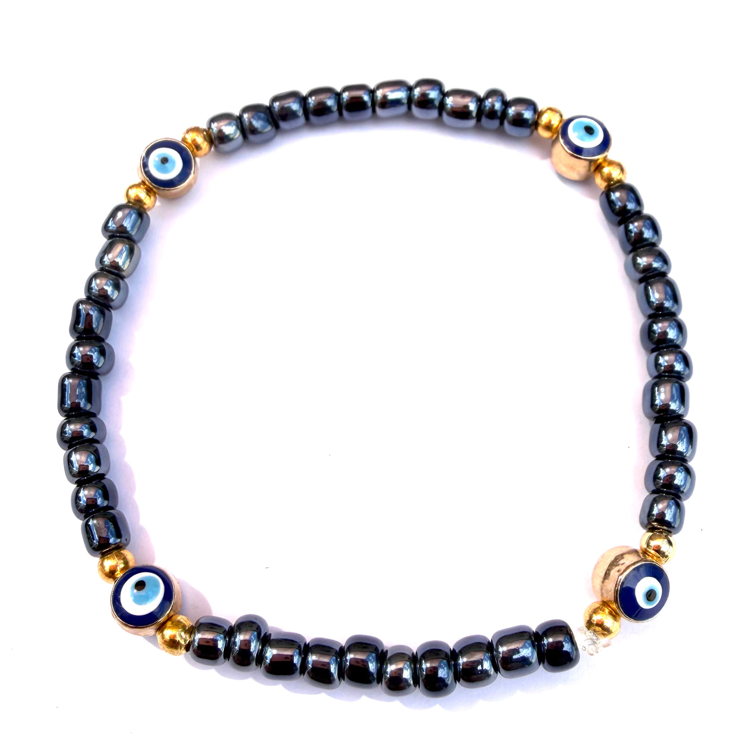 BR-10393 Evil Eye Good Luck Charm Gray Seed Beaded Bracelet