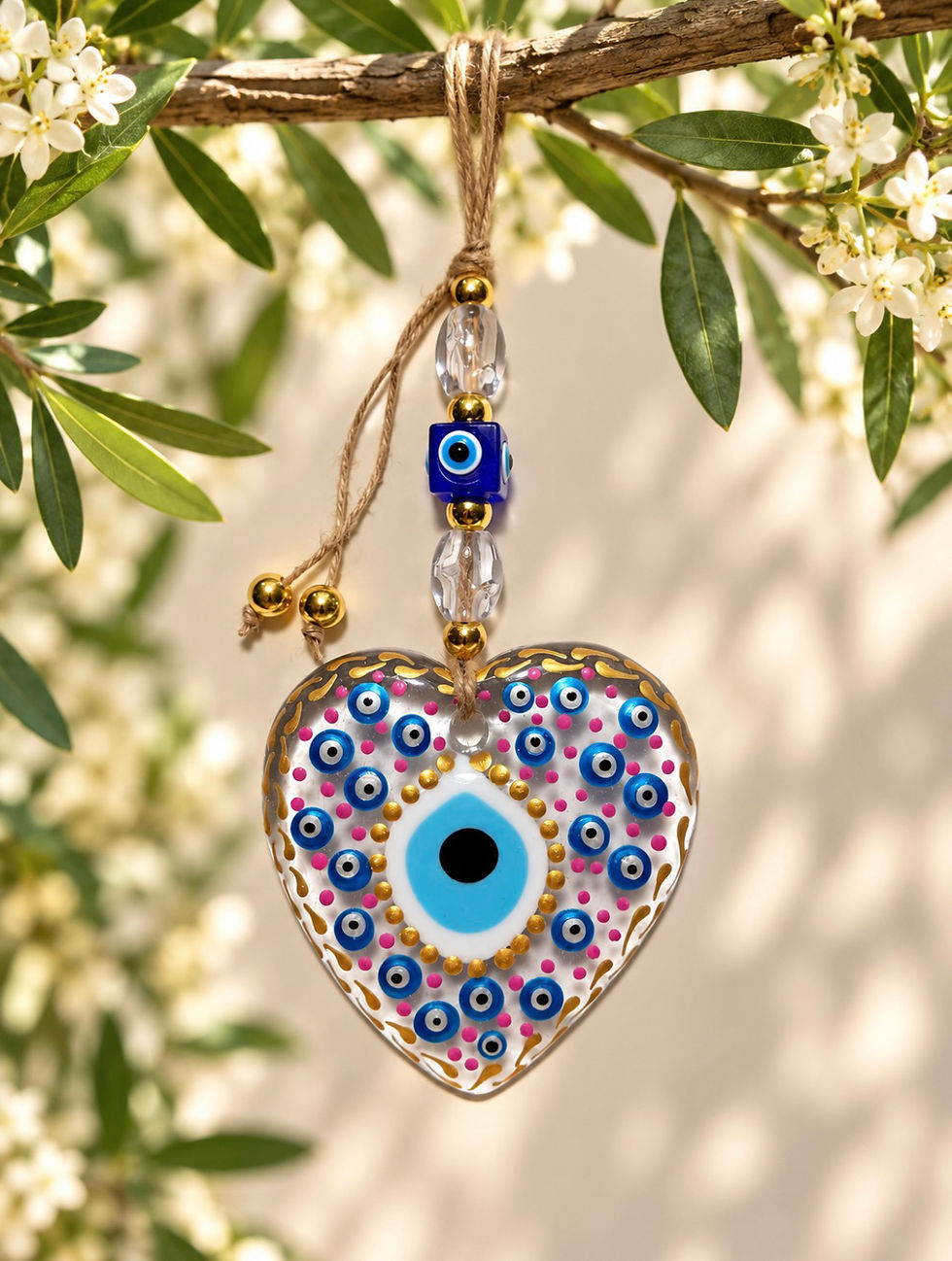 Thumbnail: 14589-D Hand-Painted Clear Glass Evil Eye Heart Ornament (See Variations)