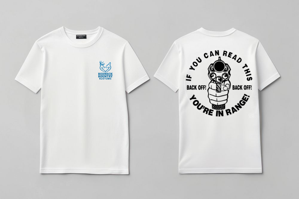 White t-shirts: front 'MARINE NEVER ENDS' logo, back gun with warning text.