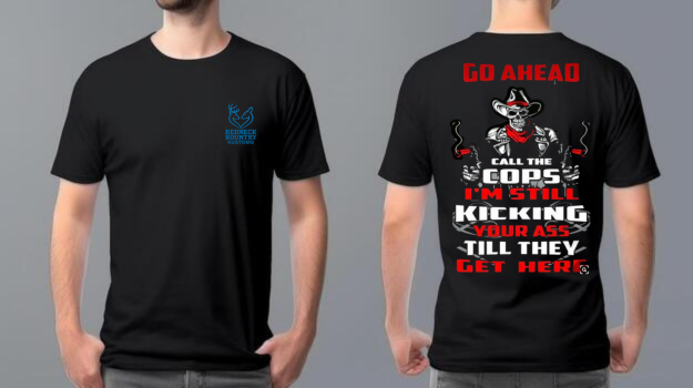 Black t-shirt, back reads: CALL THE COPS, with cowboy skull.