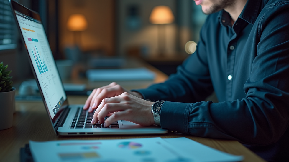 Close-up view of a designer analyzing data on a laptop
