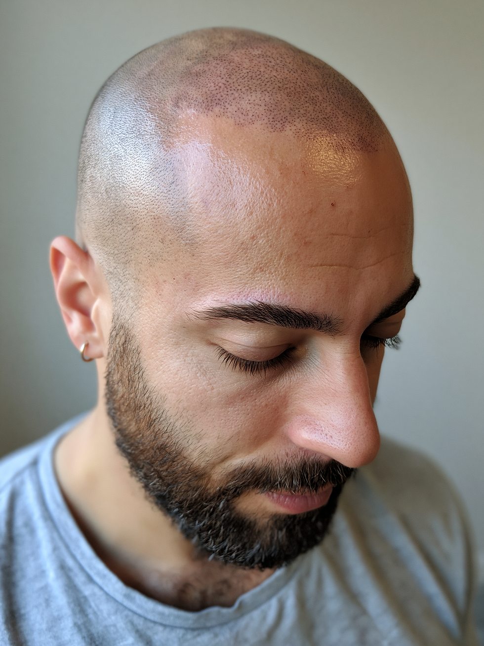 Close-up of a bearded man with a shaved head and scalp transplant dots, looking down against a plain gray background.