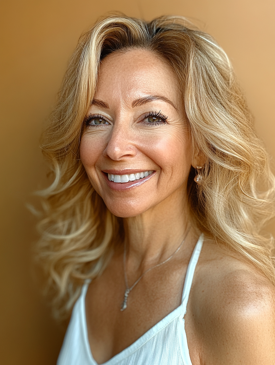 Smiling woman with curly blonde hair, wearing a white top and necklace, against a warm brown background. Bright and cheerful mood.