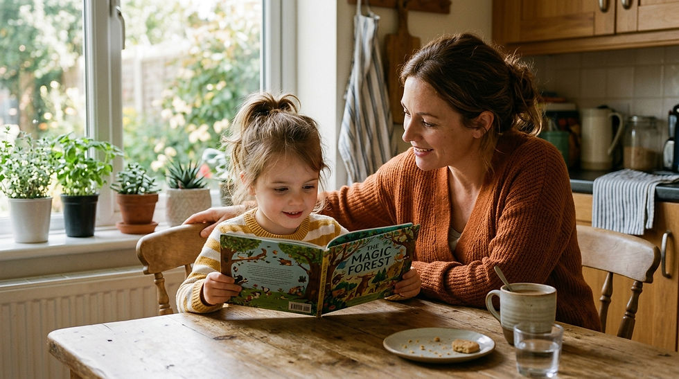 A parent and child reading together at a kitchen table — supporting a child with dyslexia at home