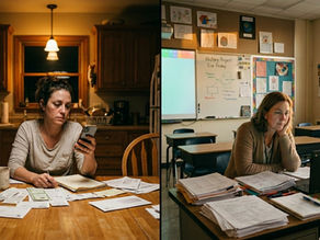 A split image showing a tired parent sitting at her kitchen table at night, phone in hand and papers spread around her coffee mug, alongside a tired teacher sitting alone at her modern classroom desk after school, laptop open and stacks of papers in front of her — both women exhausted, both still trying, neither knowing the other feels exactly the same way.