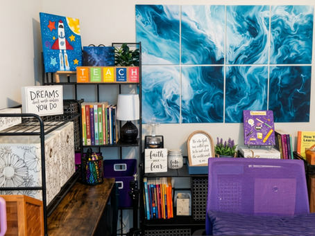 Kelly Sutherland's home recording studio featuring ocean-inspired sound panels, purple accent chair, educator bookshelves with teaching resources, and motivational signs including "Dreams Don't Work Unless You Do" — Learning in a Distracted World