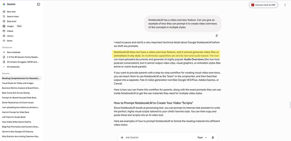Gemini chat screen showing a response about NotebookLM video overviews, with highlighted text and sidebar chats on the left.