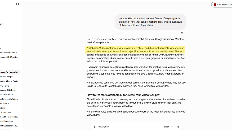 Gemini chat screen showing a response about NotebookLM video overviews, with highlighted text and sidebar chats on the left.