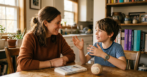A parent and child sit together at a kitchen table mid-conversation, a book and baseball nearby, in a warm home learning moment.
