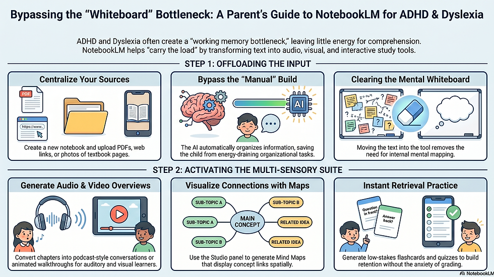 Infographic showing a two-step NotebookLM workflow for bypassing the working memory bottleneck in ADHD and dyslexia, from centralizing sources to generating audio, video, and retrieval practice tools