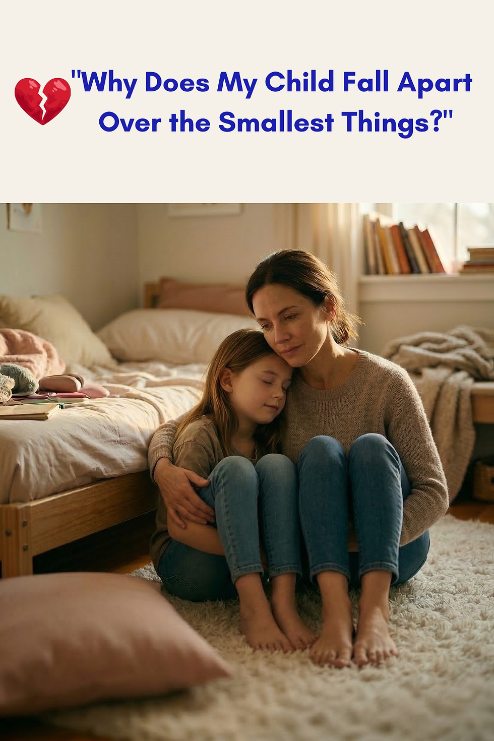 Mother holding her daughter on a bedroom floor, child resting against her shoulder with eyes closed — illustrating the quiet connection after a rejection sensitive dysphoria moment.