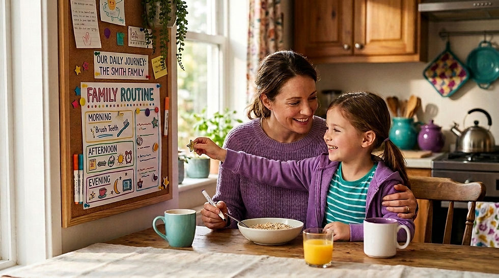 Parent and child recalibrating their ADHD and dyslexia family routine chart together at the kitchen table