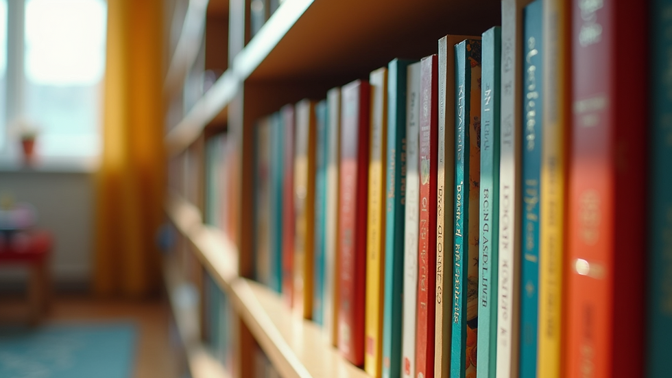 Eye-level view of a kid's bookshelf brimming with colorful books
