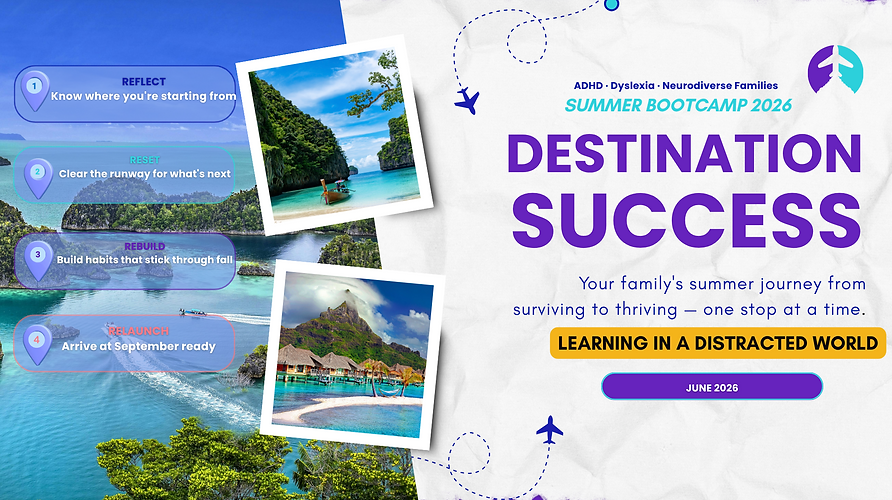 Destination Success Summer Boot Camp 2026 for ADHD dyslexia neurodiverse families with REFLECT RESET REBUILD RELAUNCH framework