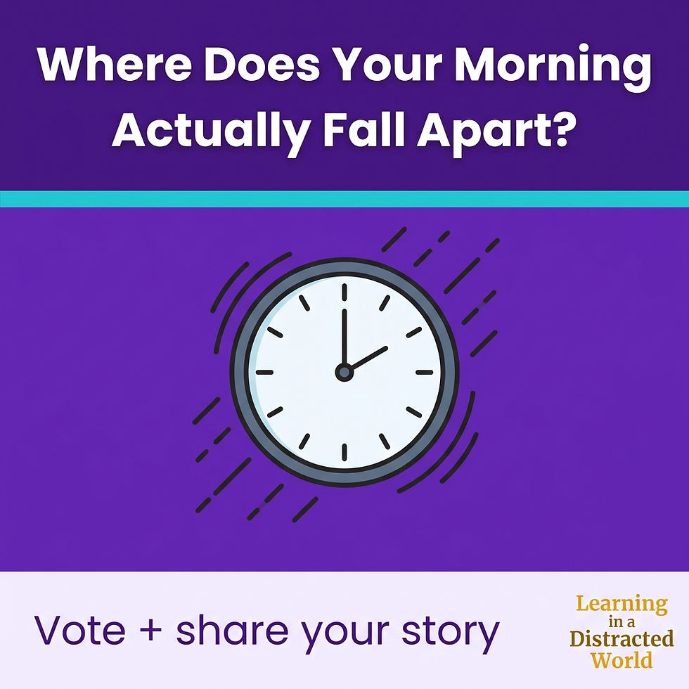 Purple poster with a clock and the text Where Does Your Morning Actually Fall Apart? Vote + share your story