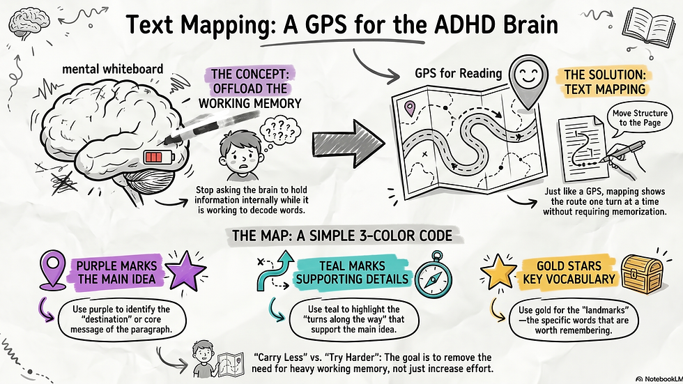 Infographic titled Text Mapping: A GPS for the ADHD Brain, showing brain, map, and color codes for main idea, details, key words.