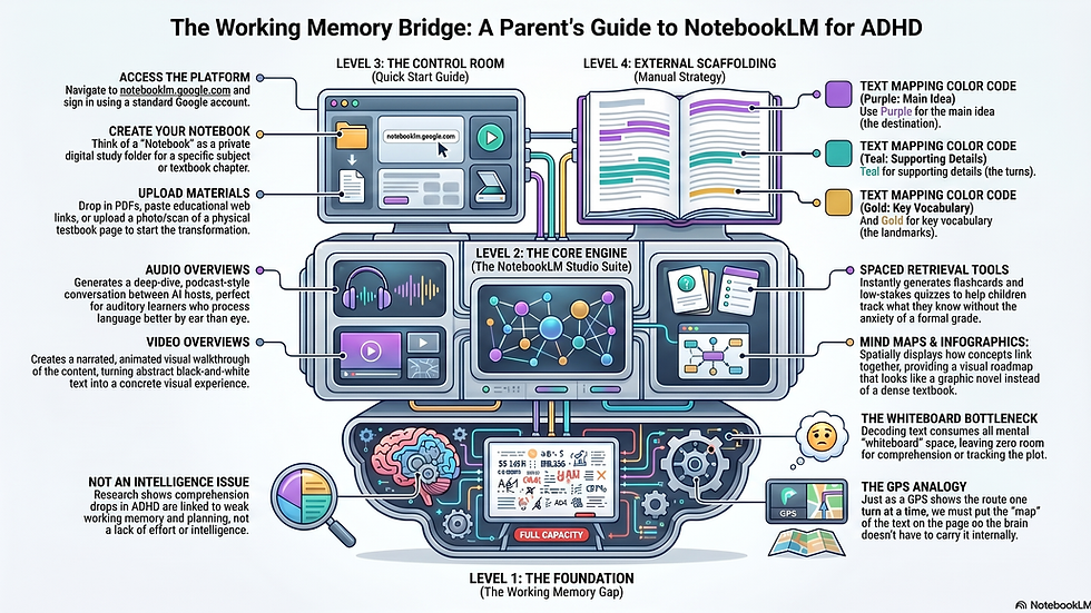 Infographic guide showing how to set up NotebookLM as a working memory bridge for ADHD, including the GPS analogy for text mapping and a four-level walkthrough of the Studio tools