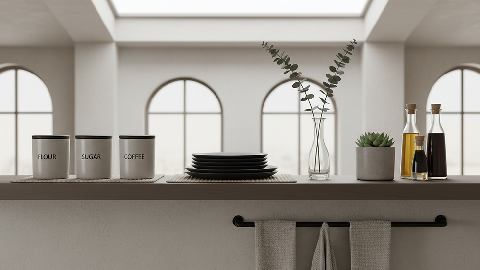 Close-up view of a neatly organized kitchen shelf with home essentials