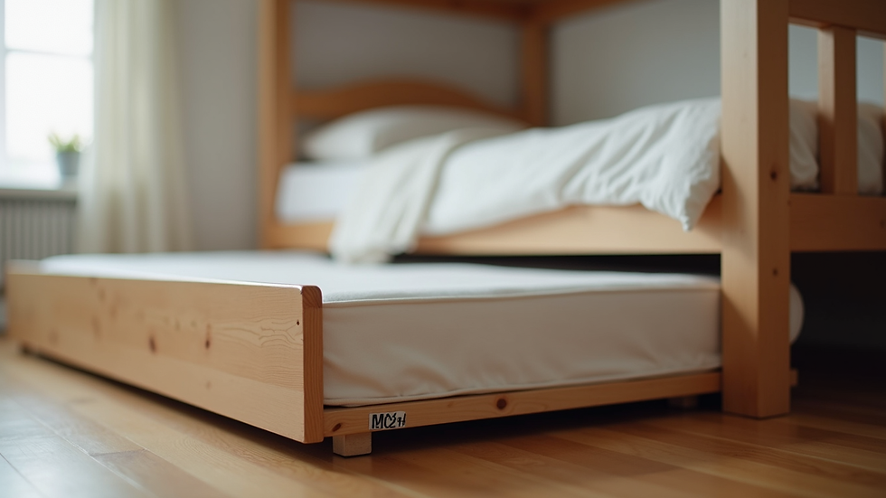 Close-up view of a full-size trundle bed pulled out from under a bunk bed