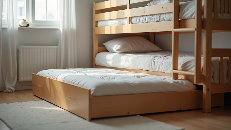 Close-up view of a full-size trundle bed pulled out from under a bunk bed