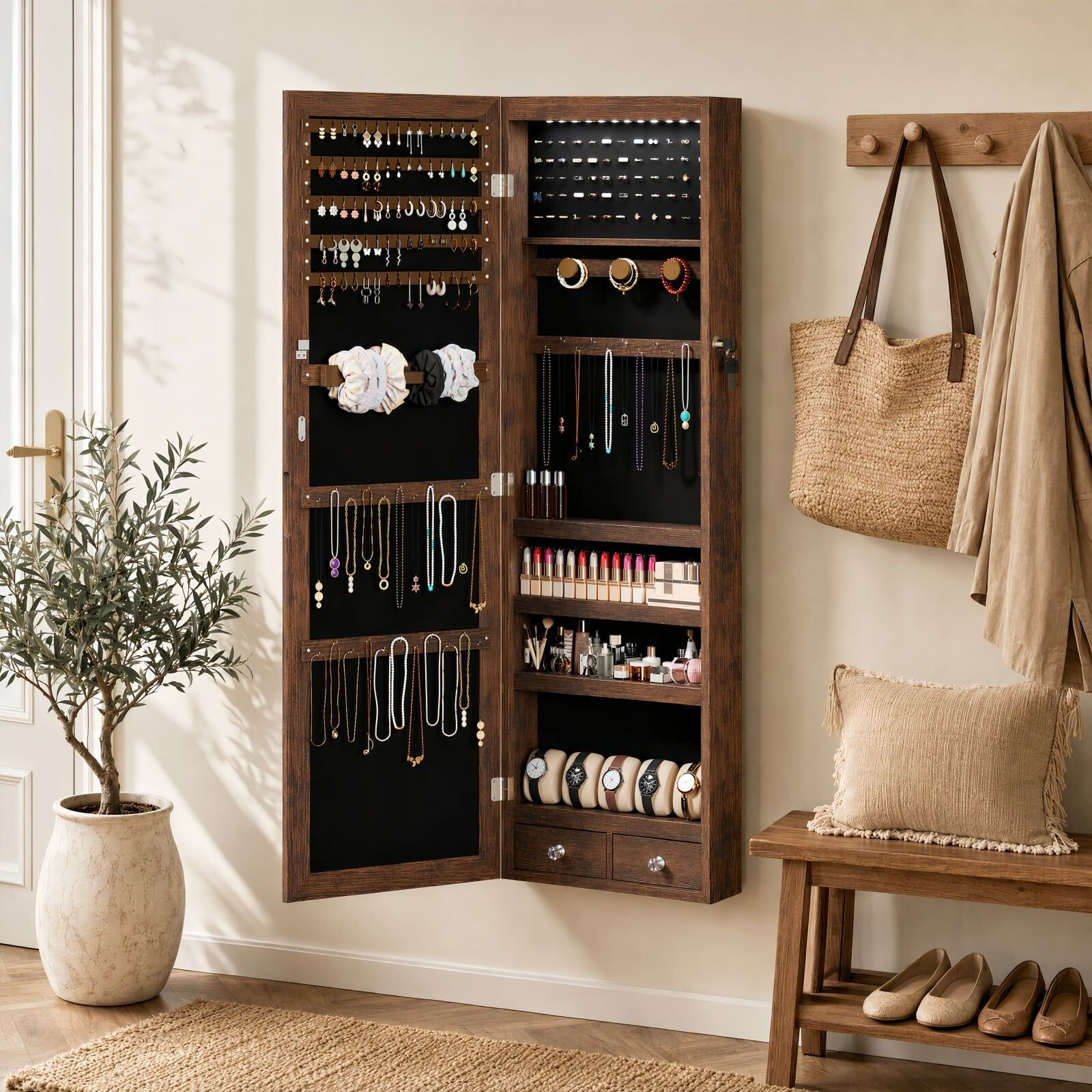 Wall-Mounted Jewelry Armoire with HD Mirror & LED Lights, 47" Rustic Style