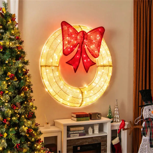 Pre-Lit Christmas Wreath - 200 LED Lights Warm White Red, Large Bow IP44 Weathe