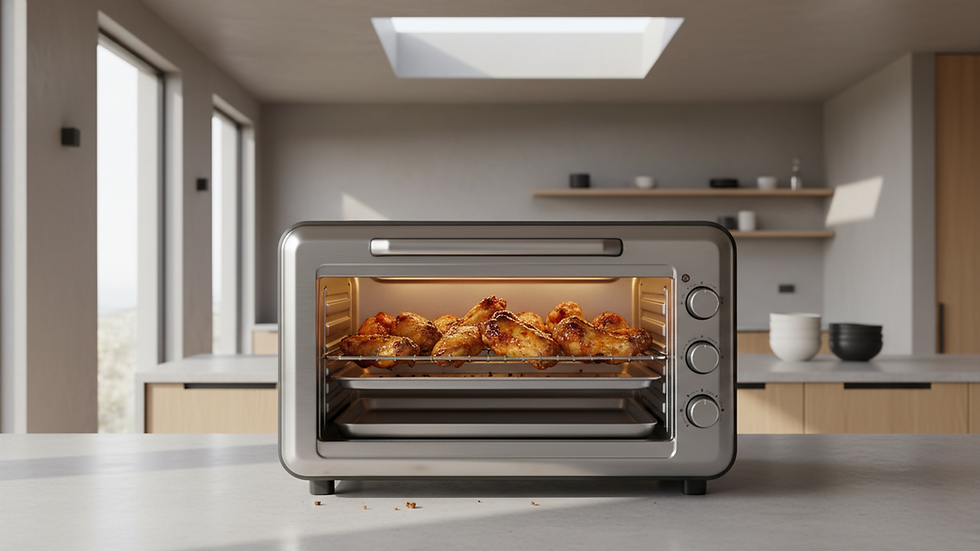 Eye-level view of an air fryer toaster oven baking golden-brown chicken wings