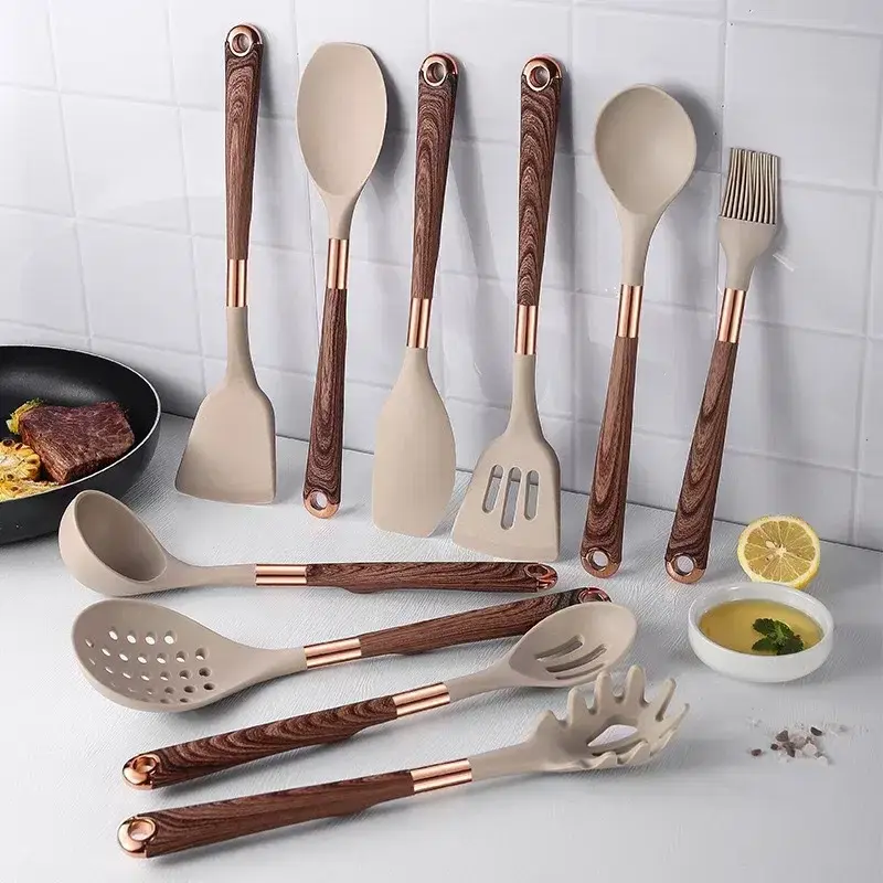 Miniatură: Silicone Gold-plated Wood Grain Handle Cooking Tool Sets